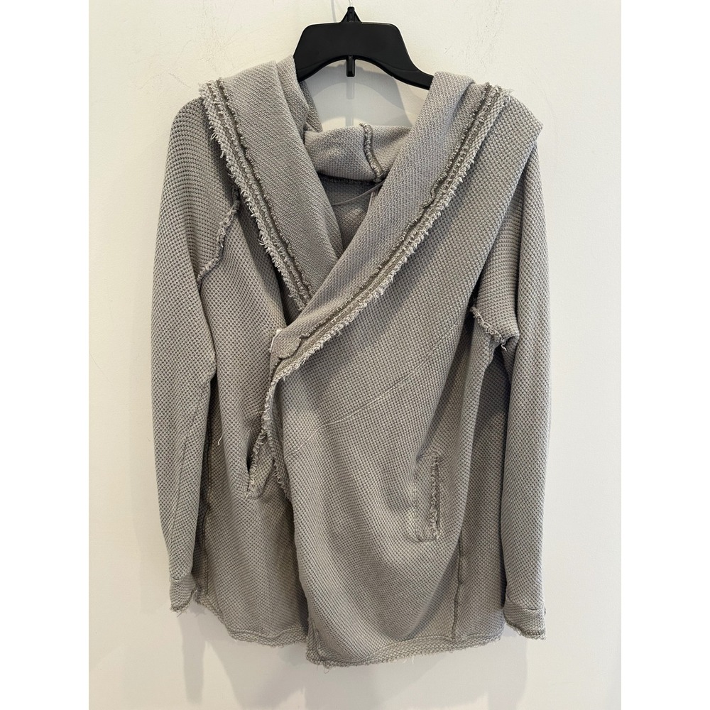 Free People Grey Waffle Knit Hooded Open Front Cardigan Raw Seam Boho Small
